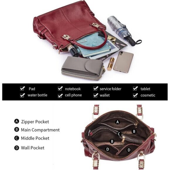 ⚡Women Wine Red Genuine Leather Purses and Handbags Satchel Tote Shoulder Bag - Picture 6 of 6